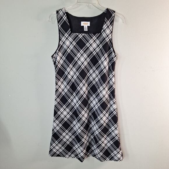 Vintage 90s/y2k Square Neck Wool Black White Plaid Dress Women Size 4 Small - Picture 1 of 7